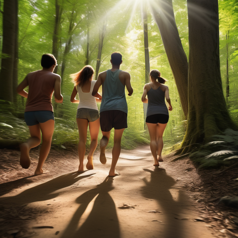 Four people running through a sunlit forest path, surrounded by tall trees and ferns, with sunlight streaming through the canopy.