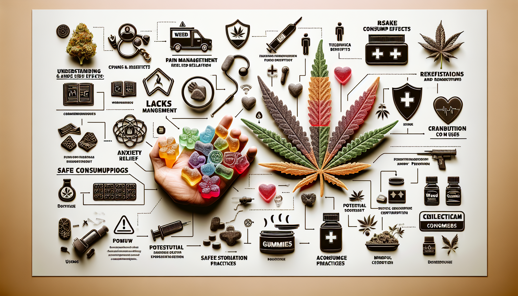 Infographic illustrating various aspects of cannabis, including medical uses, consumption methods, effects, and safety practices, with images of leaves, gummies, and related icons.