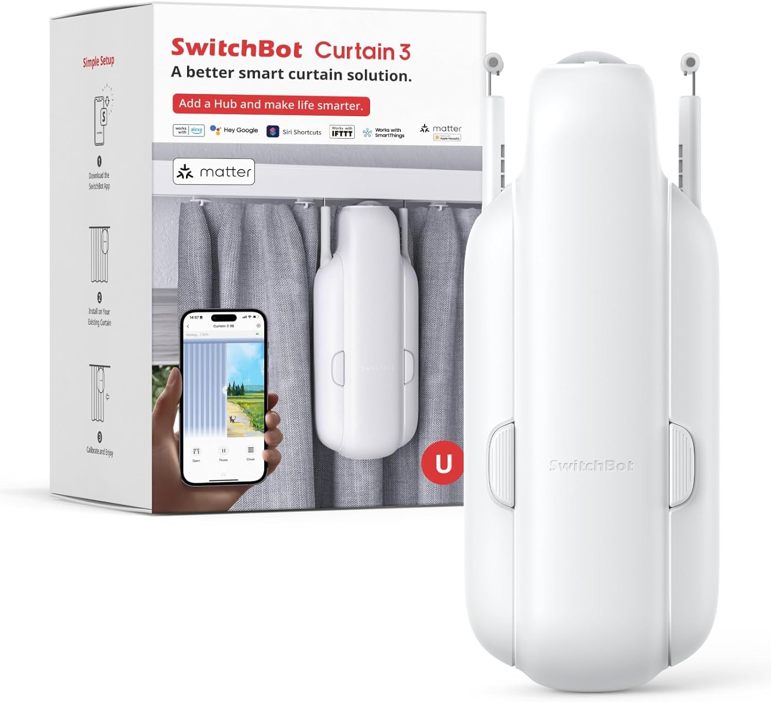 Image of a SwitchBot Curtain 3 device and its packaging. The box shows the device installed on curtain rods, a smartphone with the app interface, and mentions Matter compatibility for smart home integration.