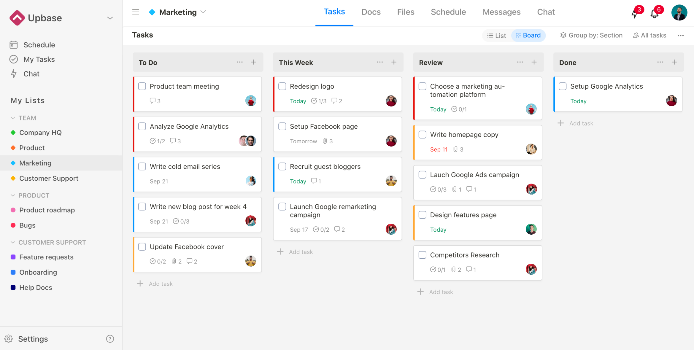 A project management board titled "Marketing" divided into sections: To Do, In Progress, and Review. Various tasks with colored tags and assignees are listed under each section.